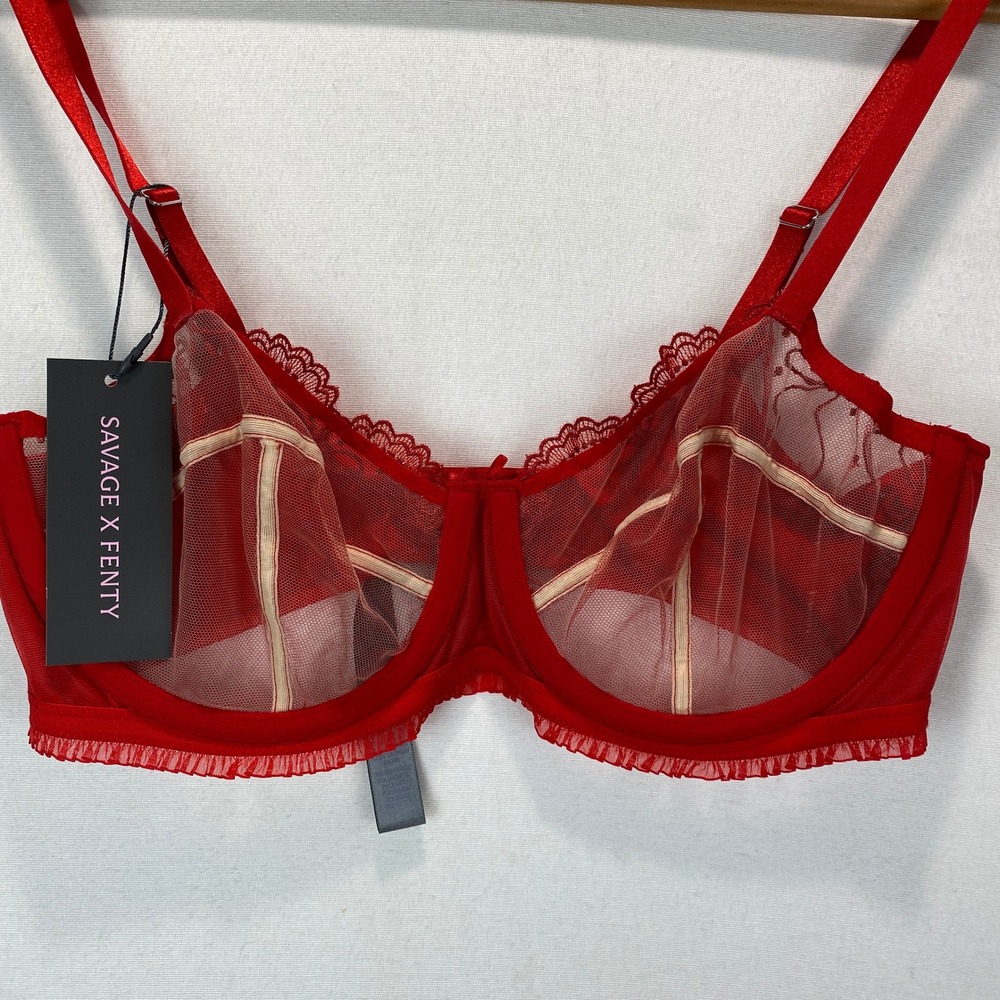 Savage X Fenty Red Sheer Mesh Floral Embroidered Bra Women 36D Unlined Underwire